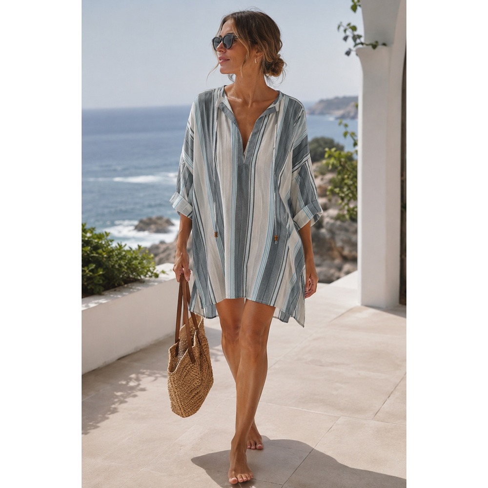 St Roche Willow Stripe Cotton Cover Up Shirt Dress M Blue Resort Beach Kaftan